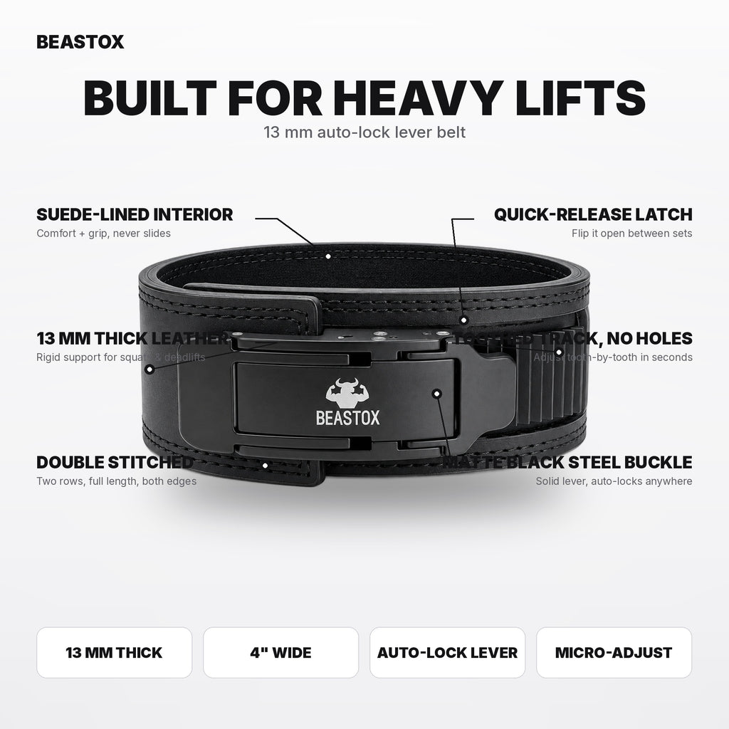 BEASTOX 13MM Auto-Lock Lever Belt – Micro-Adjustable, No Holes, Quick-Release Powerlifting Belt