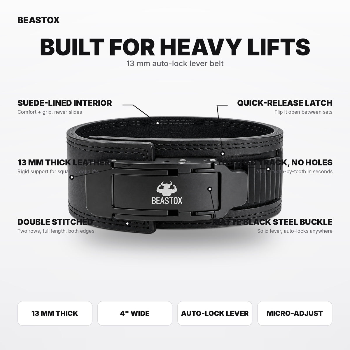 BEASTOX 13MM Auto-Lock Lever Belt – Micro-Adjustable, No Holes, Quick-Release Powerlifting Belt