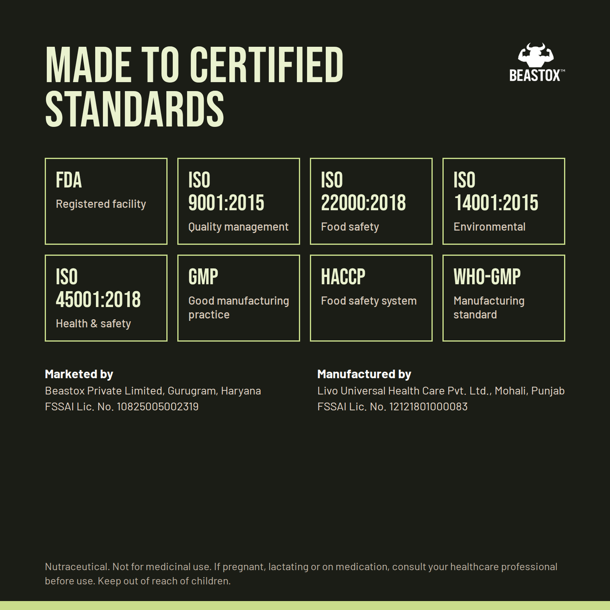 Quality: BEASTOX Pure Whey Isolate manufacturer facility and licence marks shown in the supplied image