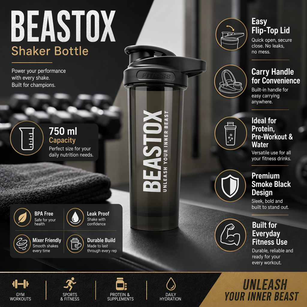 BEASTOX ShadowSip Shaker Bottle, 750 ml, Smoke Black, Leak-Proof Flip Lid with Carry Handle, for Protein Shakes, Pre-Workout & Gym Hydration