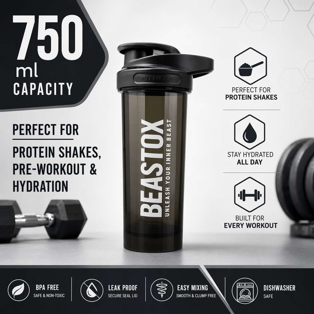 BEASTOX ShadowSip Shaker Bottle, 750 ml, Smoke Black, Leak-Proof Flip Lid with Carry Handle, for Protein Shakes, Pre-Workout & Gym Hydration