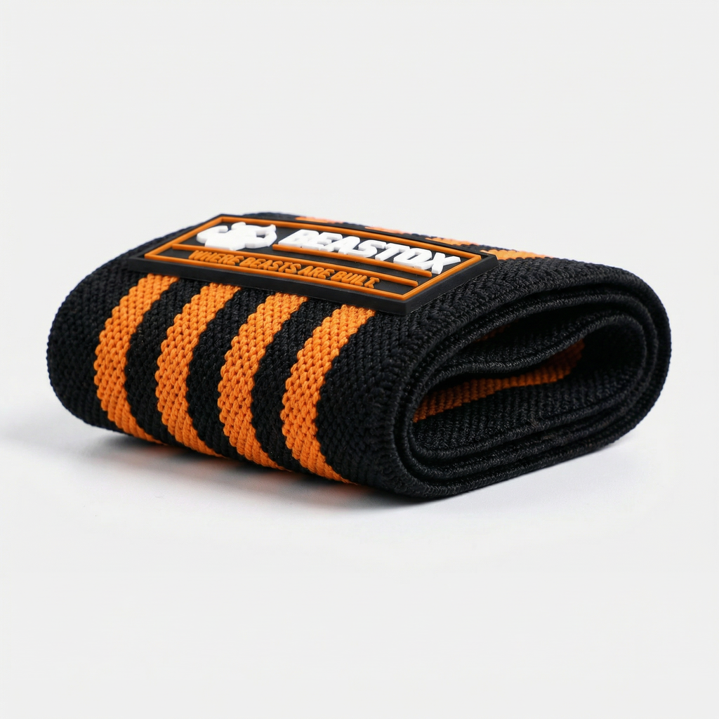 Beastox Wrist Wraps, Heavy Duty, Black and Orange Stripes, 18cm Long, 3cm Wide, Reinforced Stitching, Thumb Loop, Nylon