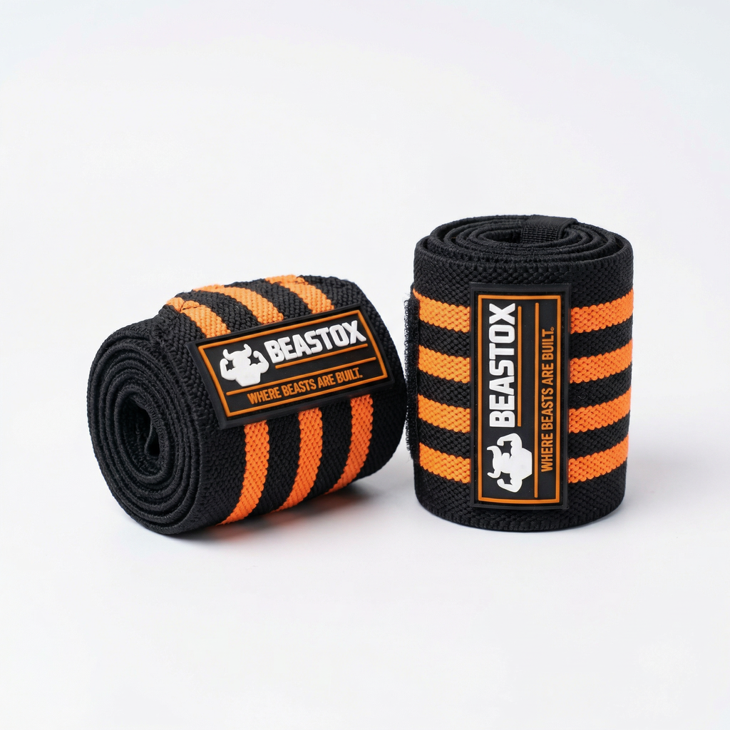 Beastox Wrist Wraps, Heavy Duty, Black and Orange Stripes, 18cm Long, 3cm Wide, Reinforced Stitching, Thumb Loop, Nylon