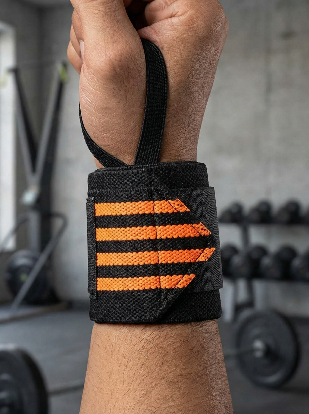 Beastox Wrist Wraps, Heavy Duty, Black and Orange Stripes, 18cm Long, 3cm Wide, Reinforced Stitching, Thumb Loop, Nylon