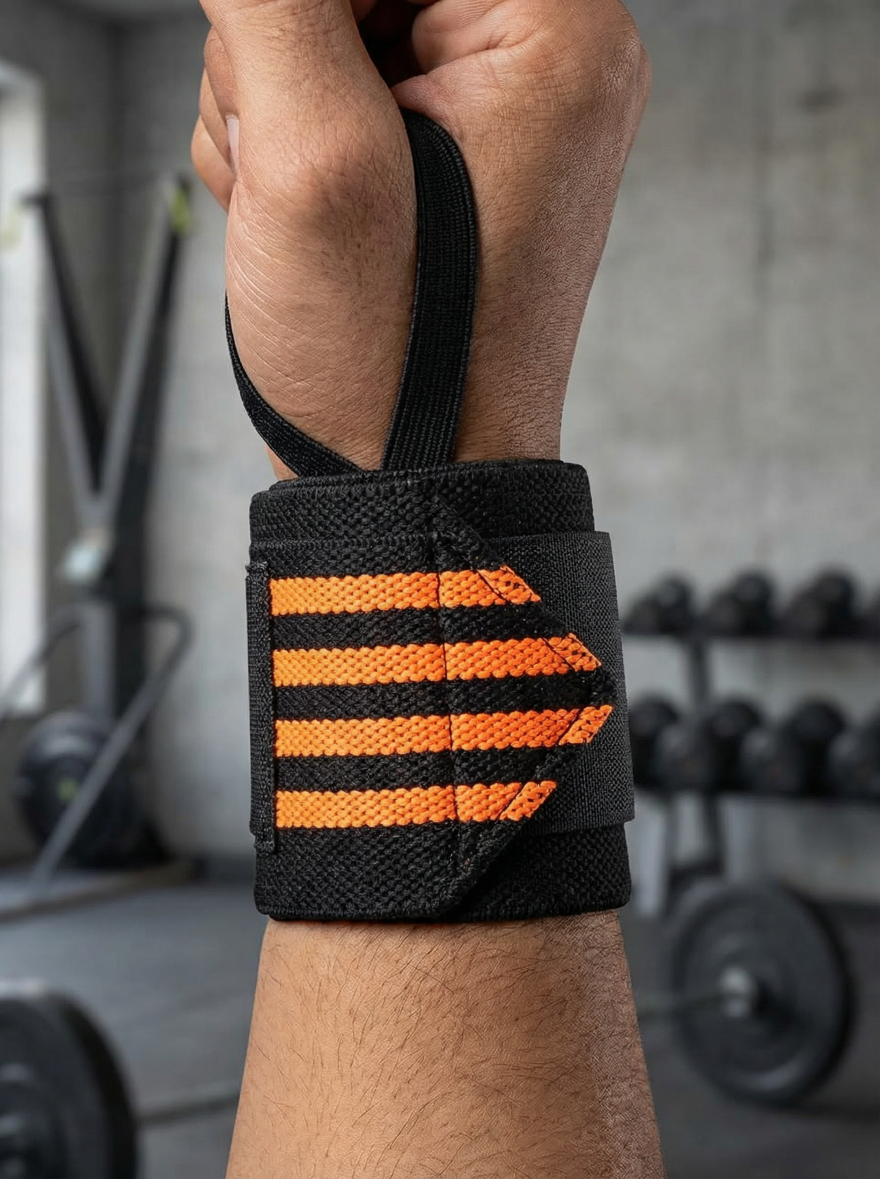 Beastox Wrist Wraps, Heavy Duty, Black and Orange Stripes, 18cm Long, 3cm Wide, Reinforced Stitching, Thumb Loop, Nylon