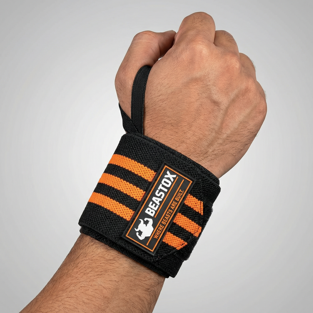 Beastox Wrist Wraps, Heavy Duty, Black and Orange Stripes, 18cm Long, 3cm Wide, Reinforced Stitching, Thumb Loop, Nylon