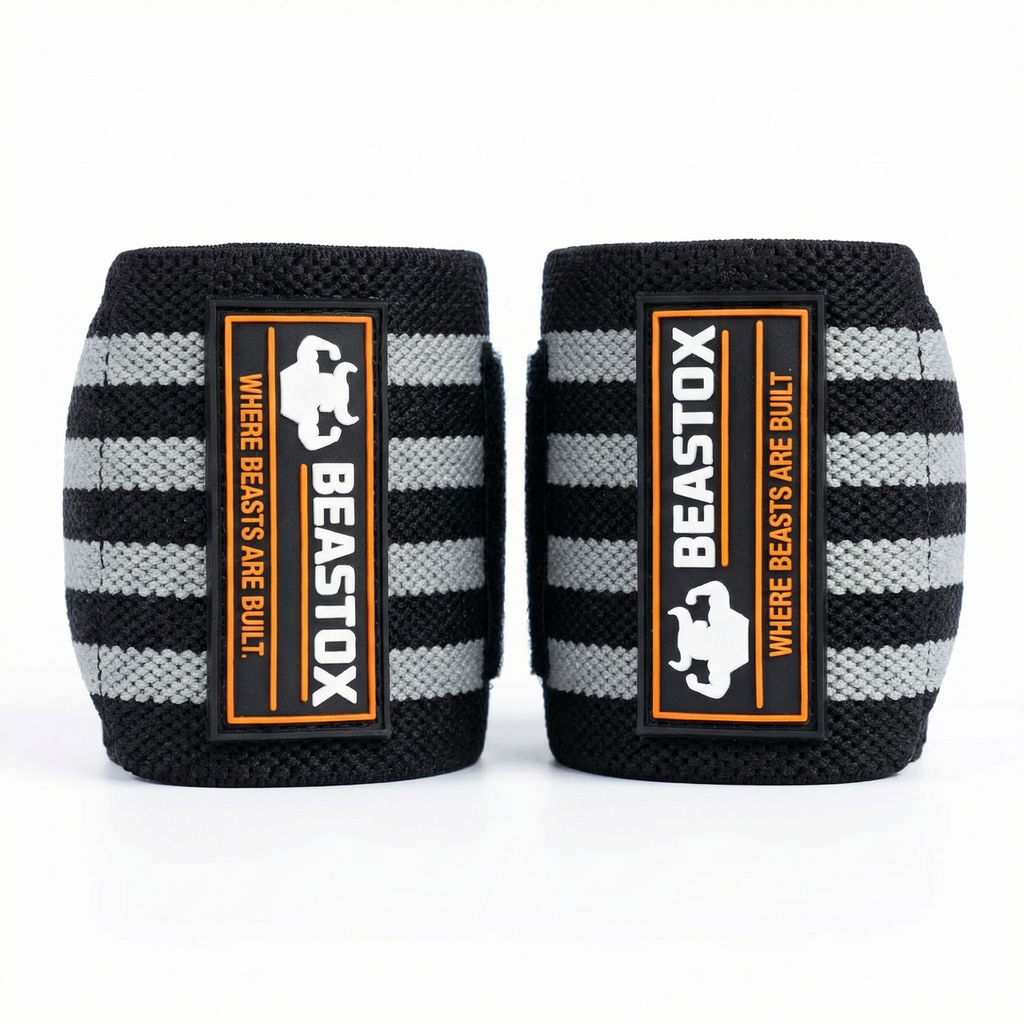 Beastox Wrist Wraps, Heavy Duty, Black and Orange Stripes, 18cm Long, 3cm Wide, Reinforced Stitching, Thumb Loop, Nylon