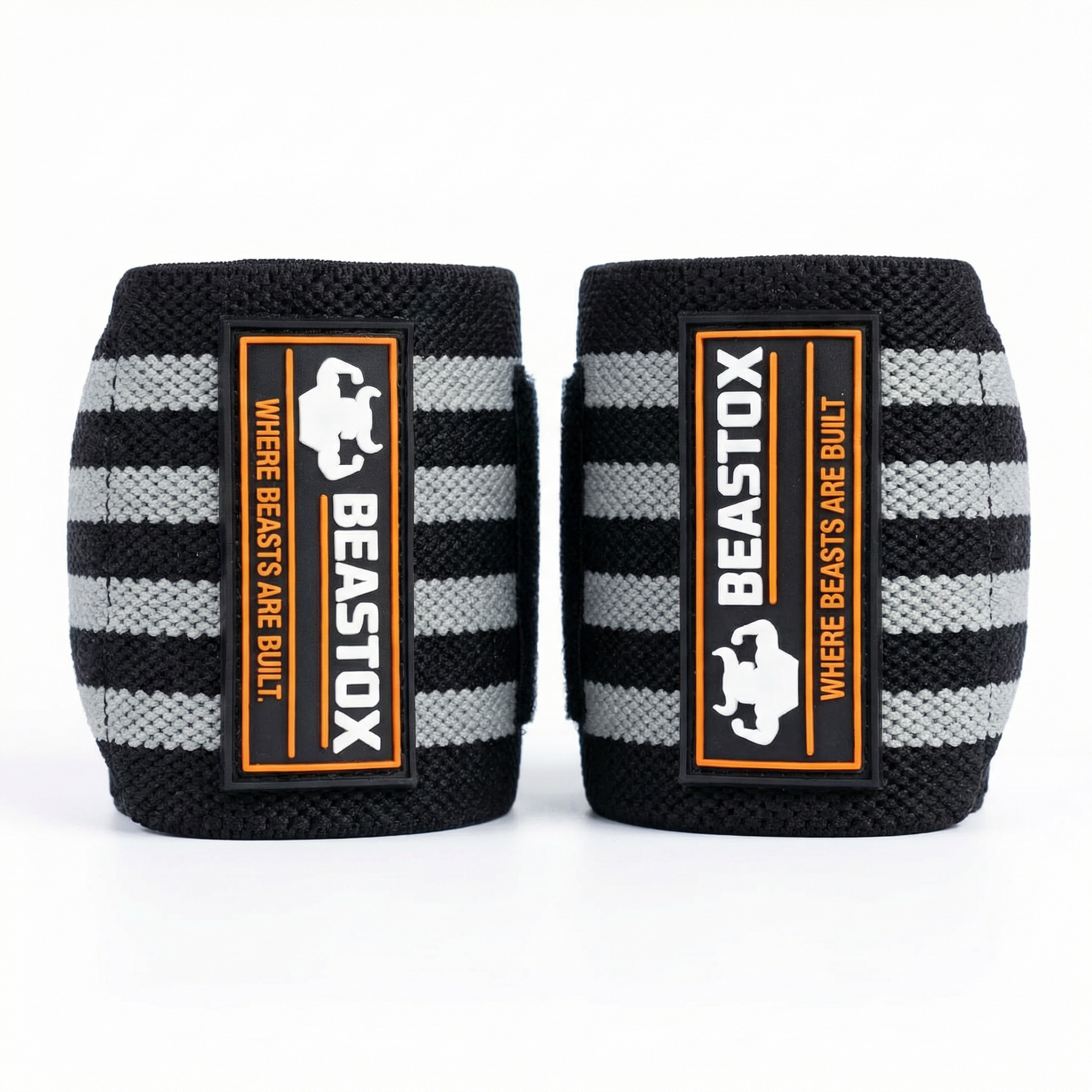 Beastox Wrist Wraps, Heavy Duty, Black and Orange Stripes, 18cm Long, 3cm Wide, Reinforced Stitching, Thumb Loop, Nylon