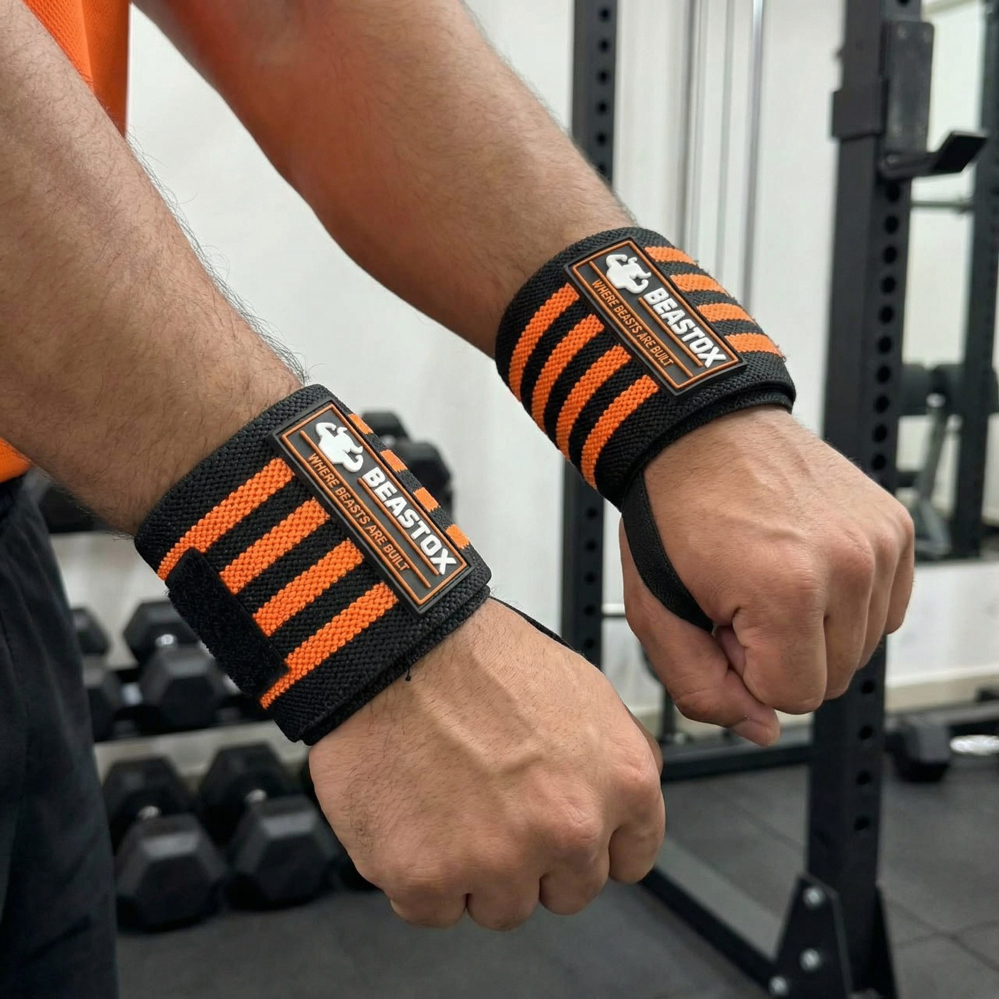 Beastox Wrist Wraps, Heavy Duty, Black and Orange Stripes, 18cm Long, 3cm Wide, Reinforced Stitching, Thumb Loop, Nylon