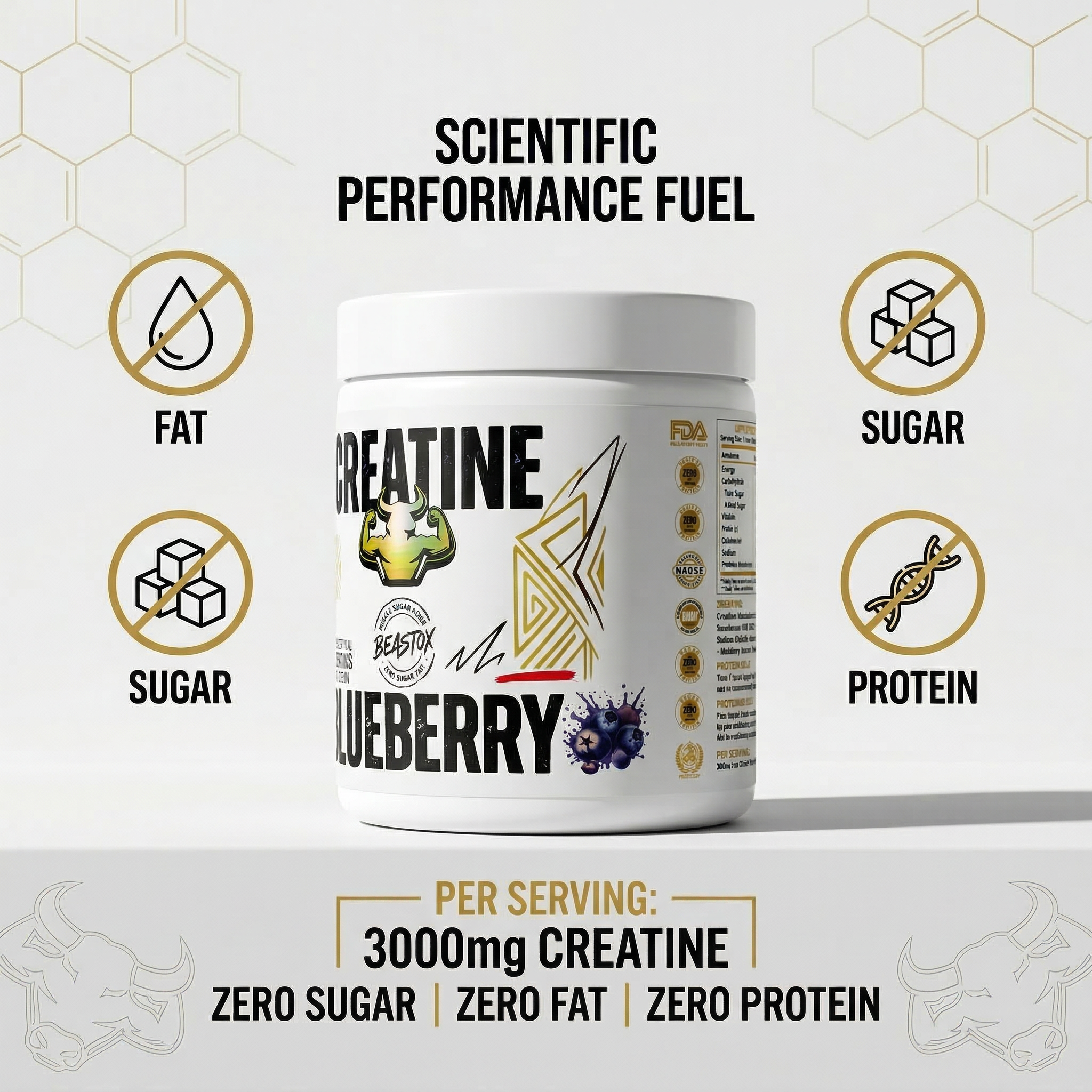 Beastox Creatine Monohydrate Powder, 3000mg, 62 Servings, 250g, Zero Sugar, Zero Fat