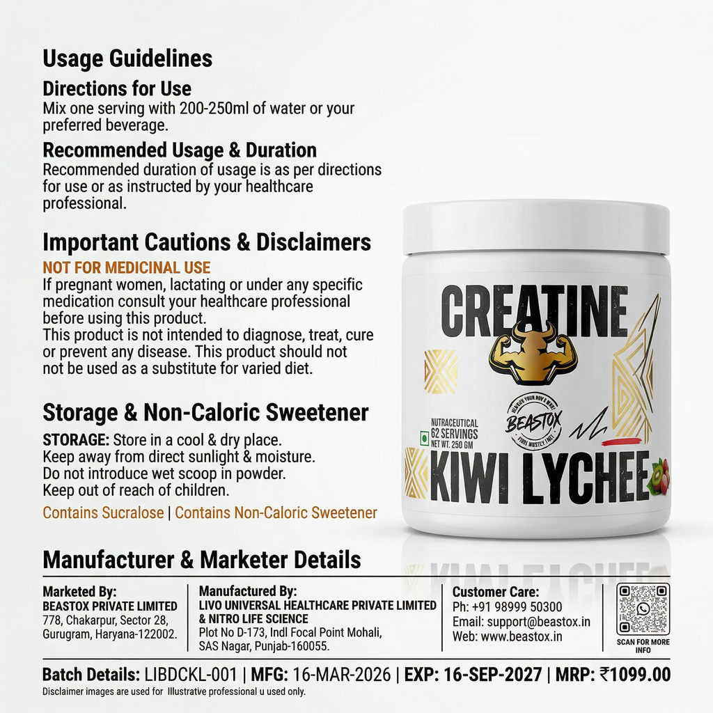 Beastox Creatine Monohydrate Powder, 3000mg, 62 Servings, 250g, Zero Sugar, Zero Fat