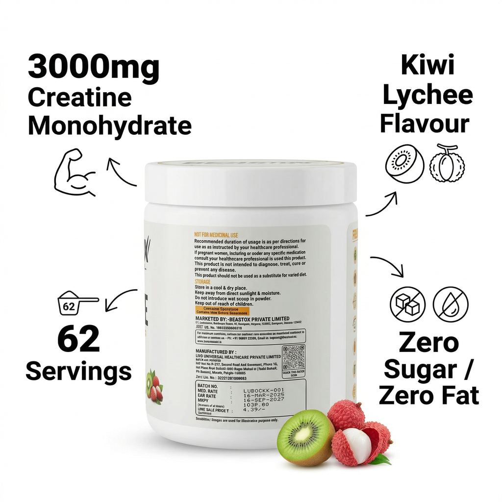 Beastox Creatine Monohydrate Powder, 3000mg, 62 Servings, 250g, Zero Sugar, Zero Fat