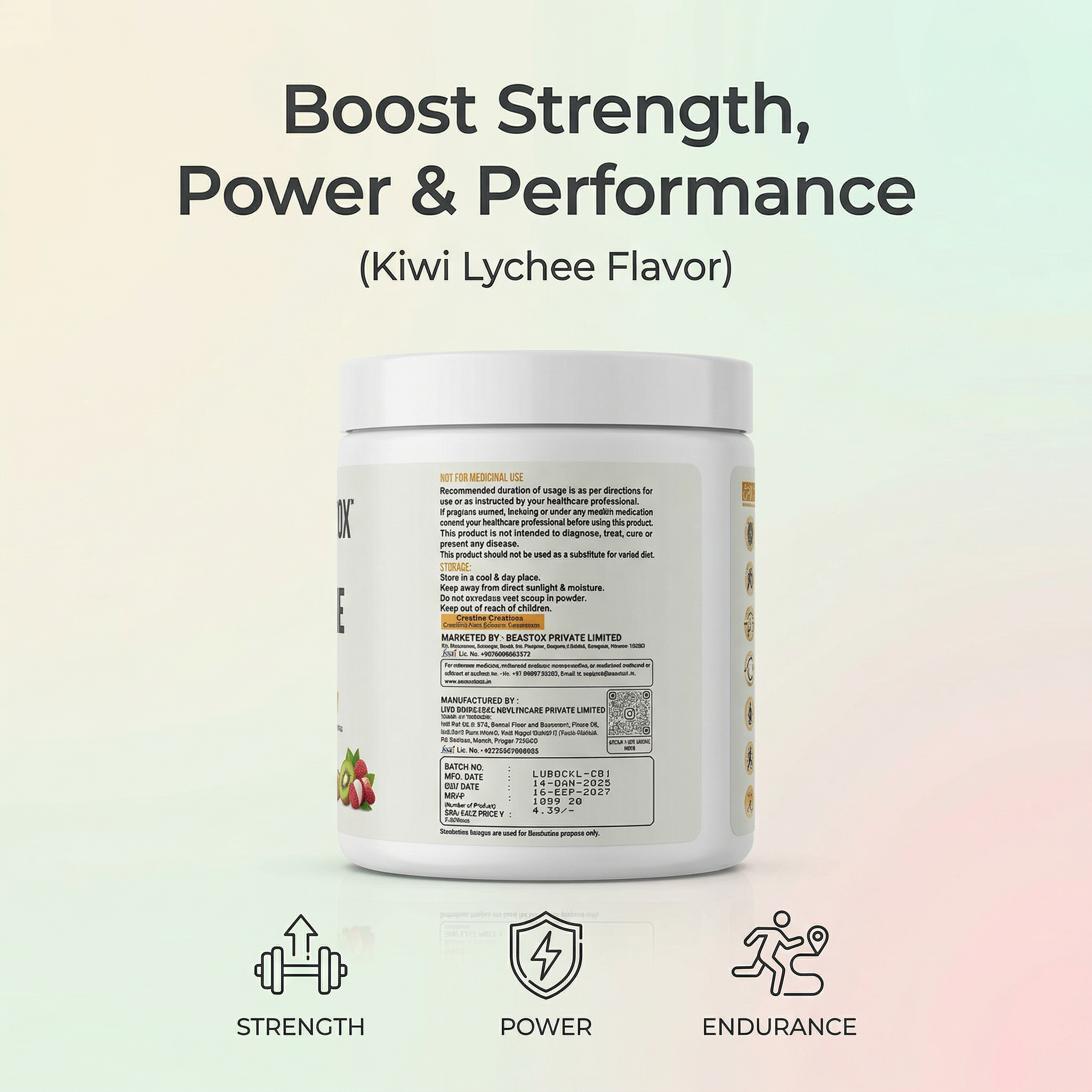 Beastox Creatine Monohydrate Powder, 3000mg, 62 Servings, 250g, Zero Sugar, Zero Fat