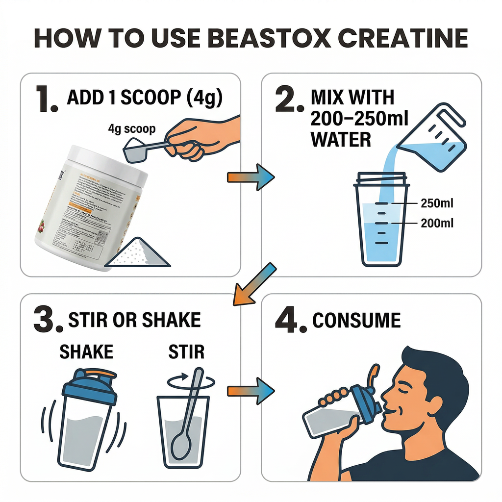 Beastox Creatine Monohydrate Powder, 3000mg, 62 Servings, 250g, Zero Sugar, Zero Fat