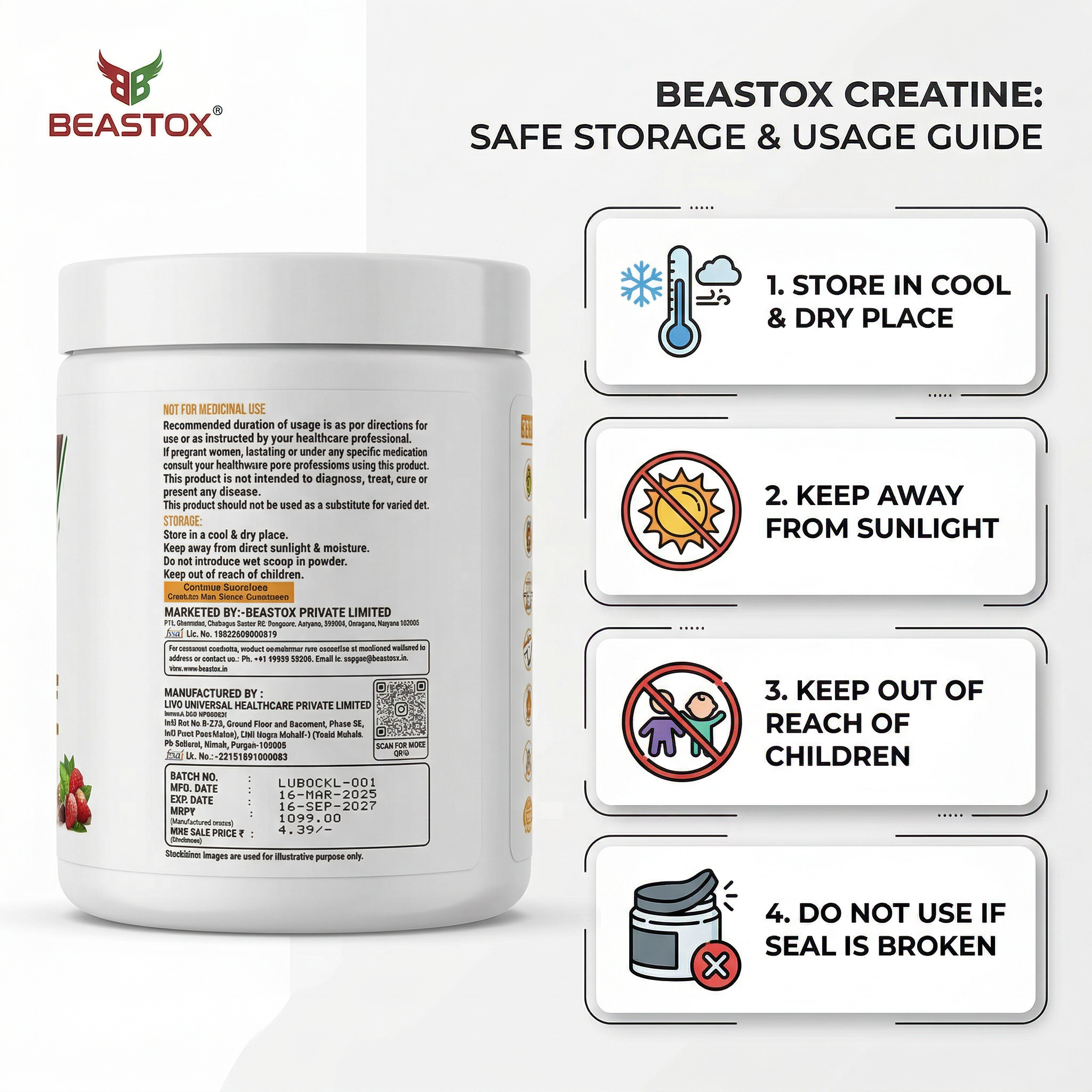 Beastox Creatine Monohydrate Powder, 3000mg, 62 Servings, 250g, Zero Sugar, Zero Fat