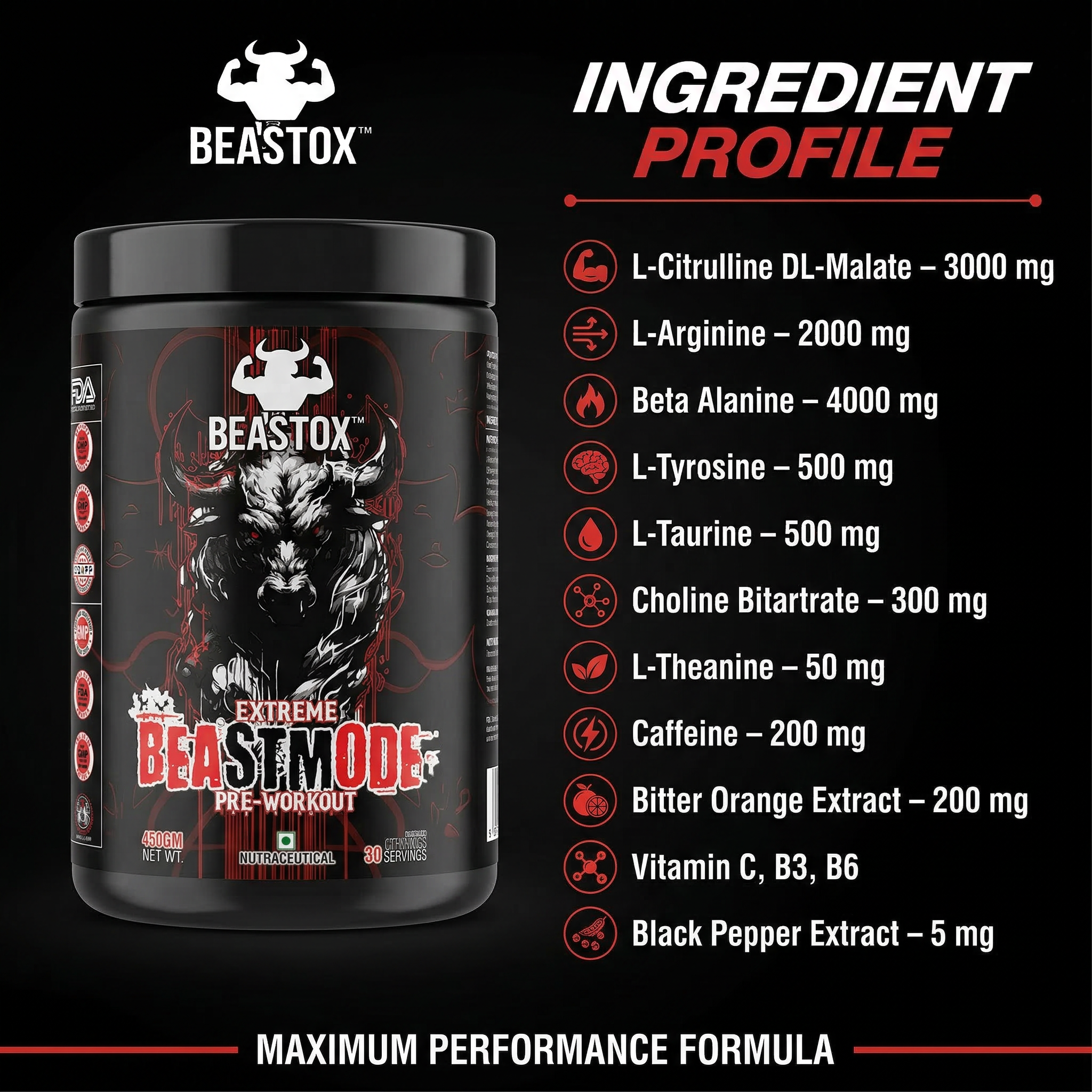 Beastox Extreme Beast Mode Pre-Workout | 4000mg Beta Alanine, 3000mg Citrulline Malate, 200mg Caffeine | Energy, Focus, Endurance & Pumps | 30 Servings (450g)