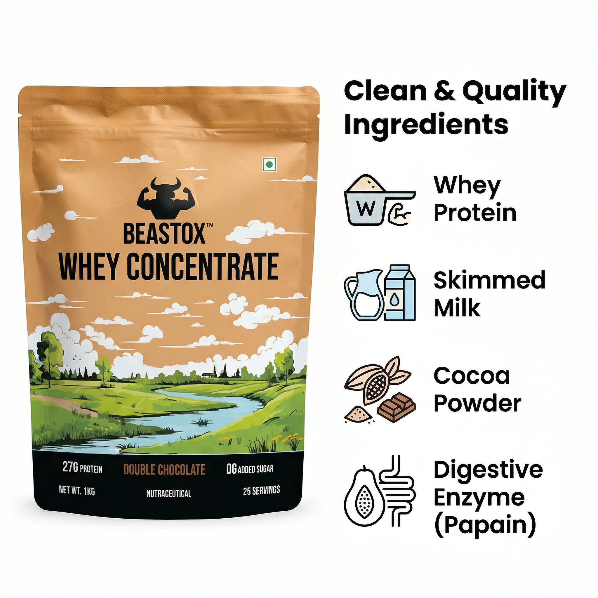 BEASTOX Whey Concentrate Double Chocolate 1kg | 27g Protein | 25 Servings