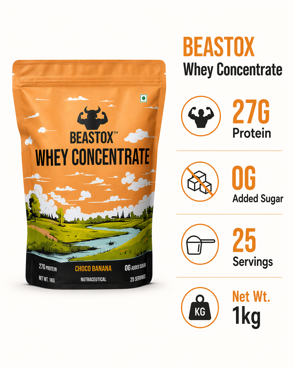 BEASTOX Whey Concentrate Choco Banana 1kg | 27g Protein | 25 Servings