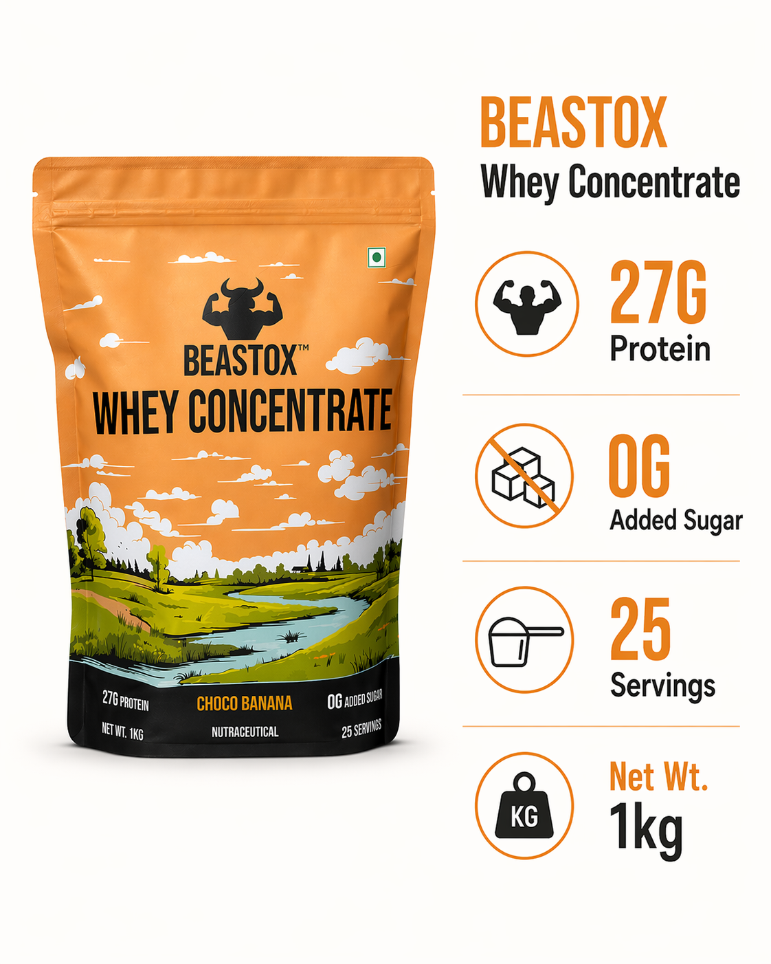 BEASTOX Whey Concentrate Choco Banana 1kg | 27g Protein | 25 Servings