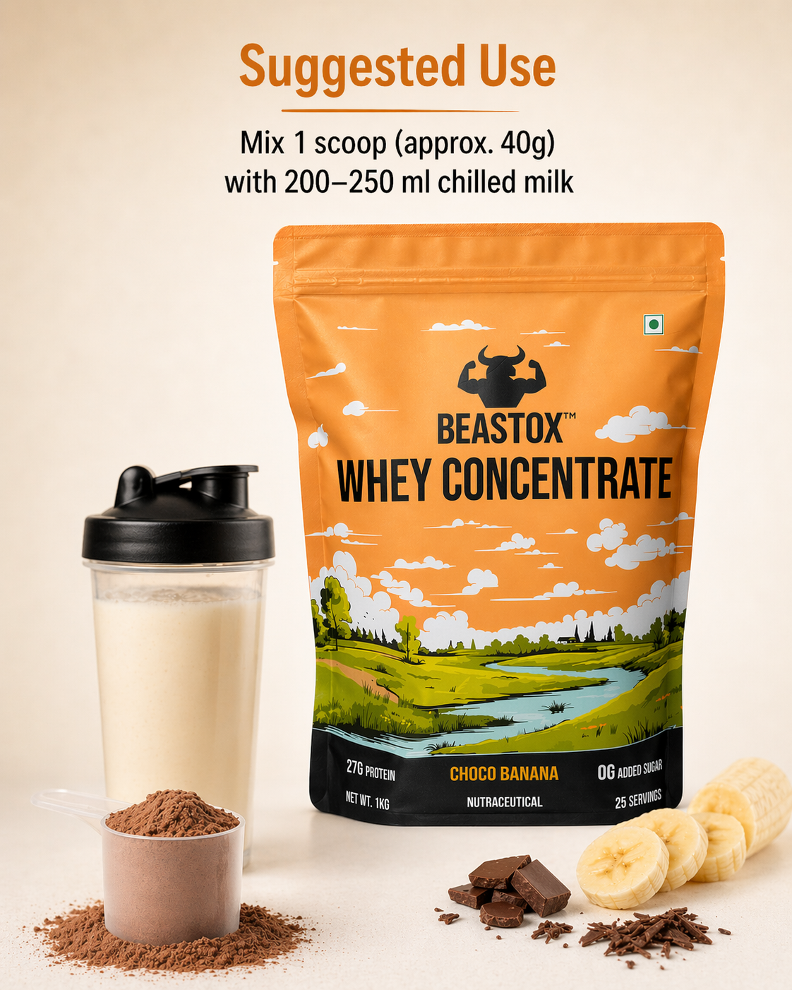 BEASTOX Whey Concentrate Choco Banana 1kg | 27g Protein | 25 Servings