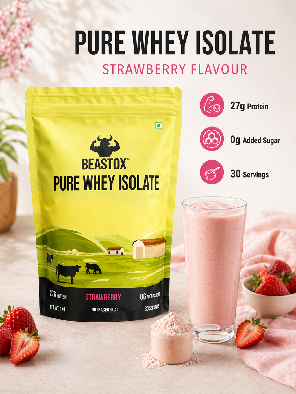 BEASTOX Pure Whey Isolate, 27g Protein, 0g Added Sugar, 1kg, 30 Servings
