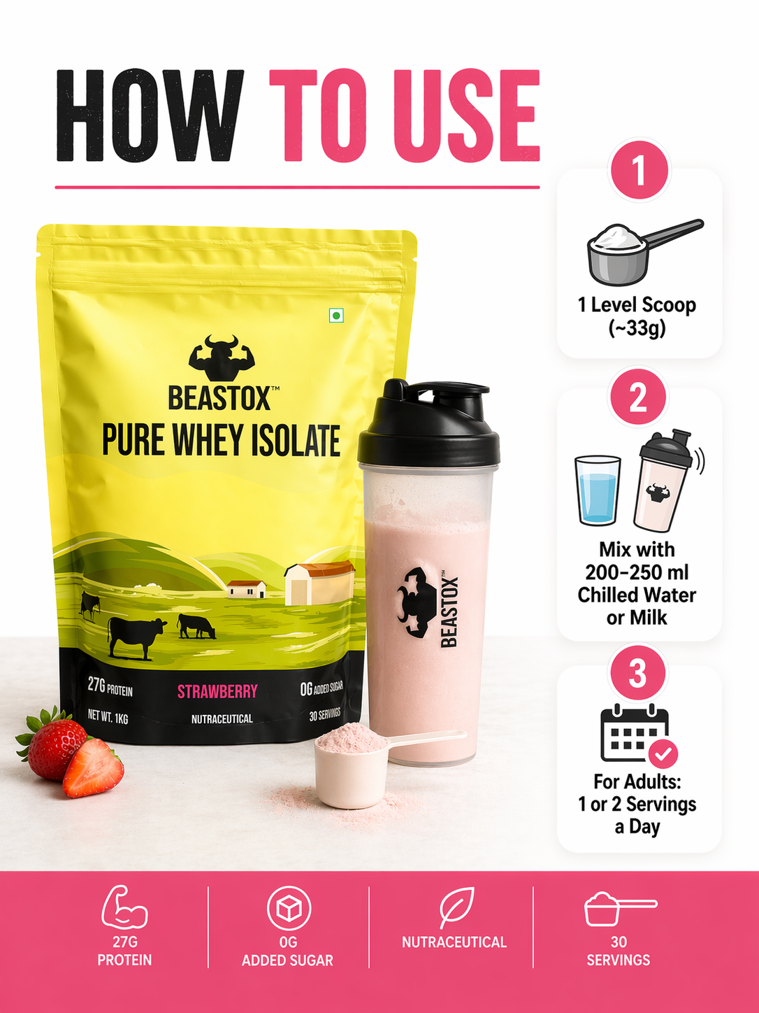BEASTOX Pure Whey Isolate, 27g Protein, 0g Added Sugar, 1kg, 30 Servings