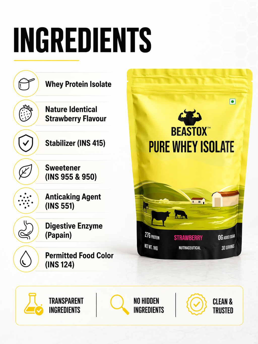 BEASTOX Pure Whey Isolate, 27g Protein, 0g Added Sugar, 1kg, 30 Servings