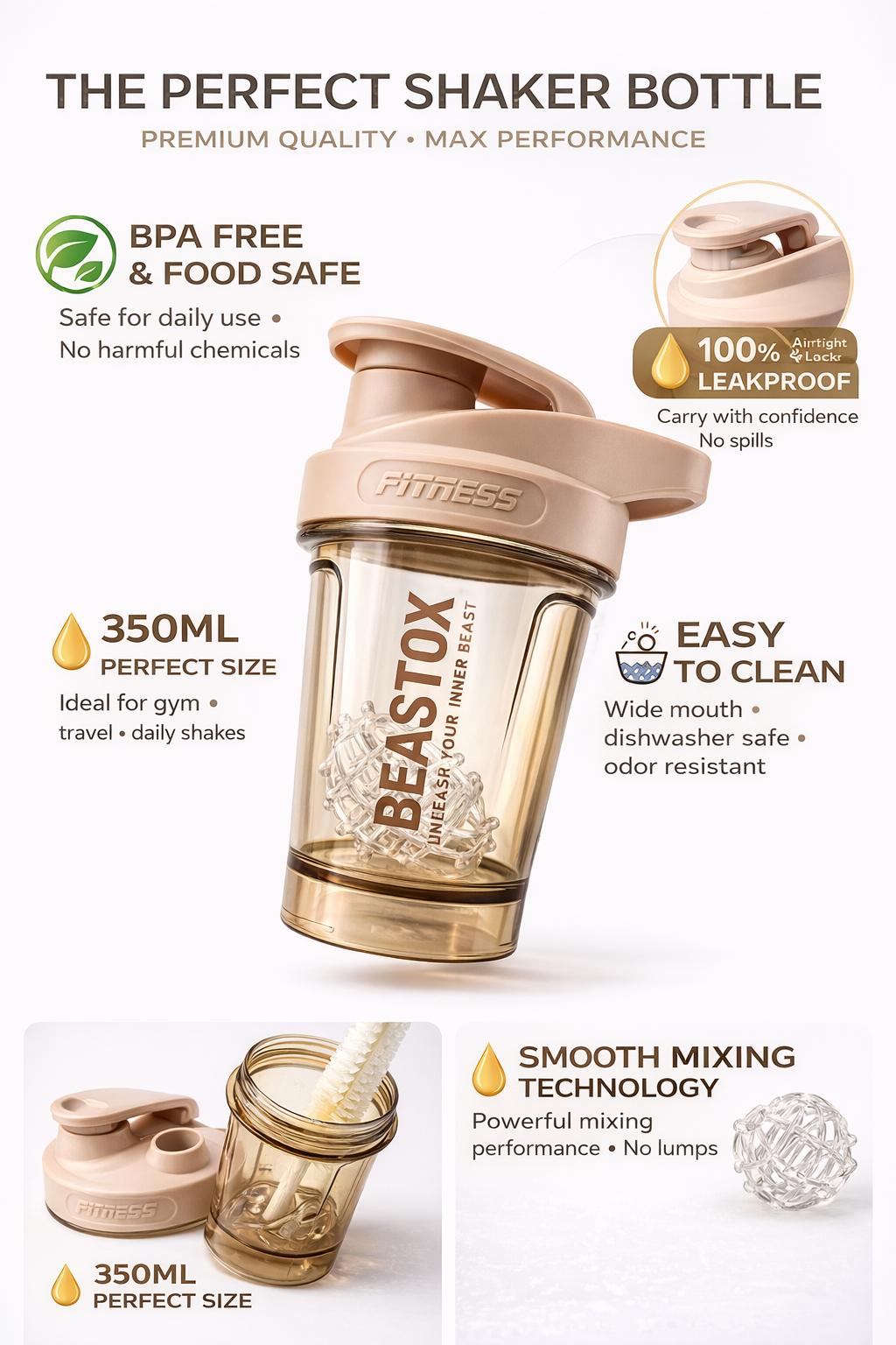 BEASTOX  Beige Fitness Shaker Bottle, 350ml