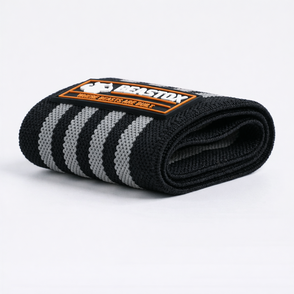 Beastox Wrist Wraps, Heavy Duty, Black and Orange Stripes, 18cm Long, 3cm Wide, Reinforced Stitching, Thumb Loop, Nylon