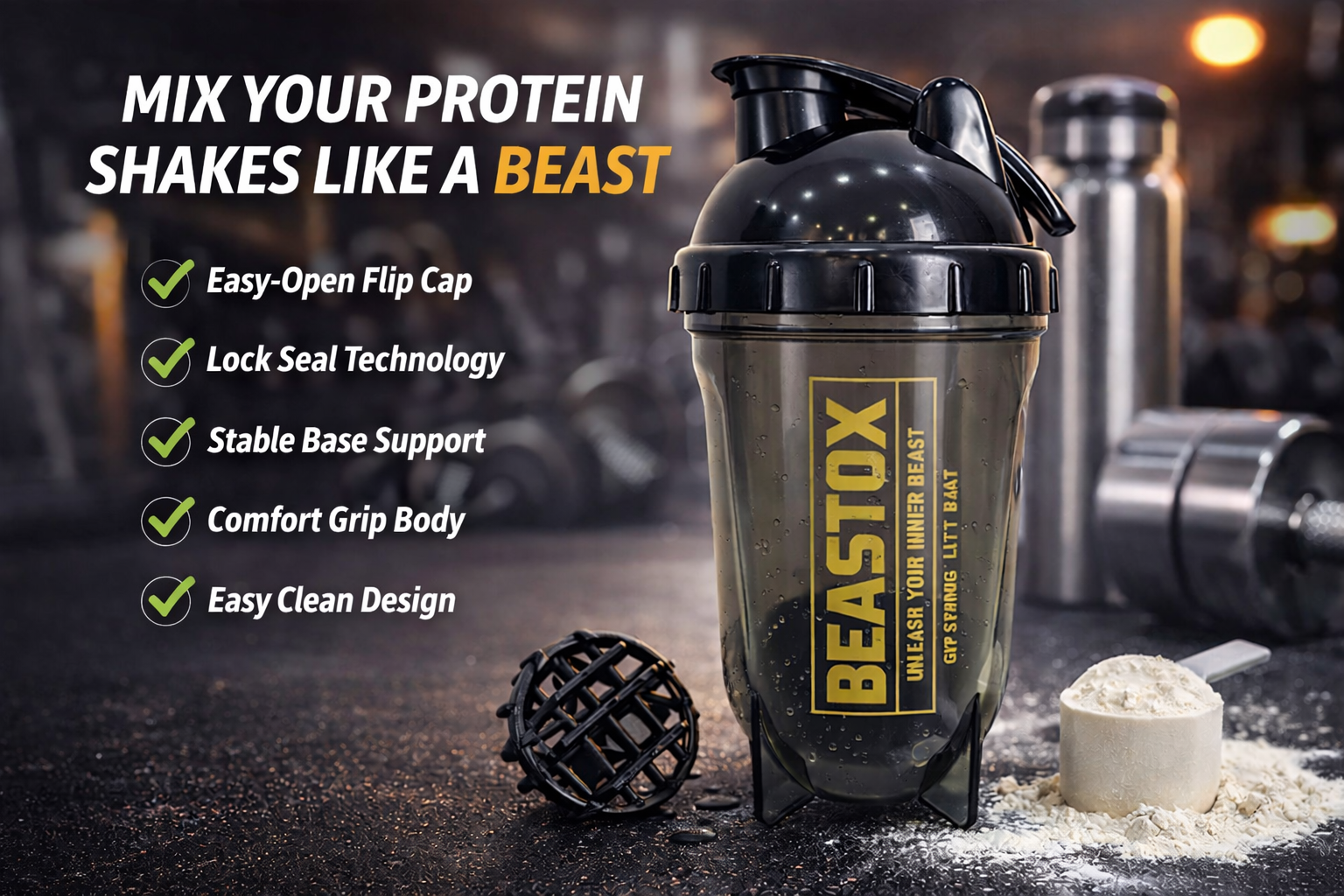 BEASTOX NIGHTFURY Protein Shaker Bottle with checklist of features like easy clean design and stable base, ideal for gym and home use.