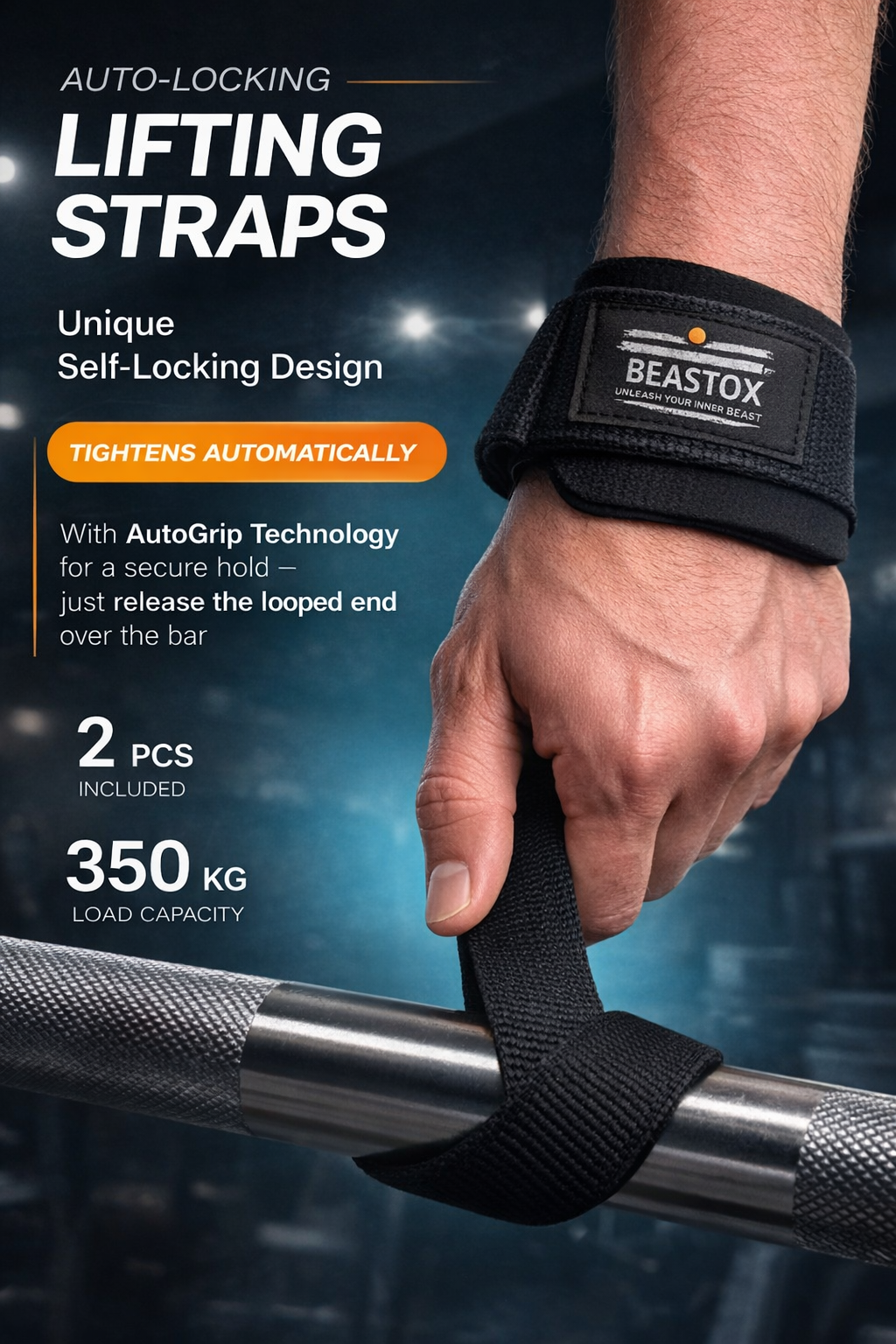 BEASTOX MAHAKAAL Auto-Locking Weightlifting Straps, Premium Nylon, AutoGrip Technology, 350 kg Load Capacity