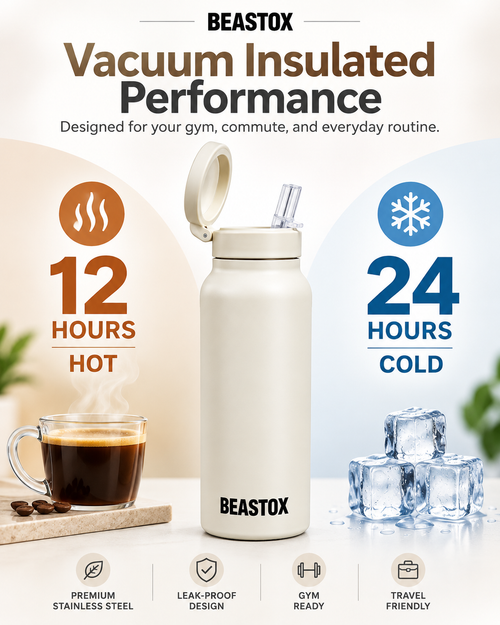 BEASTOX Gym Bottle with Magnetic Phone Holder & Flip Straw Lid – Cream