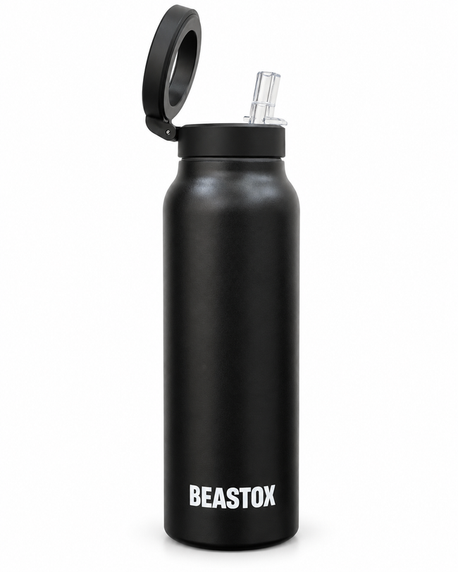 BEASTOX Gym Bottle with Magnetic Phone Holder & Flip Straw Lid – Matte Black