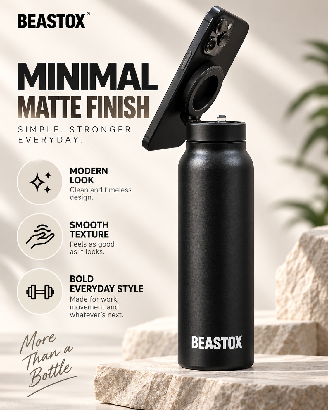BEASTOX Gym Bottle with Magnetic Phone Holder & Flip Straw Lid – Matte Black