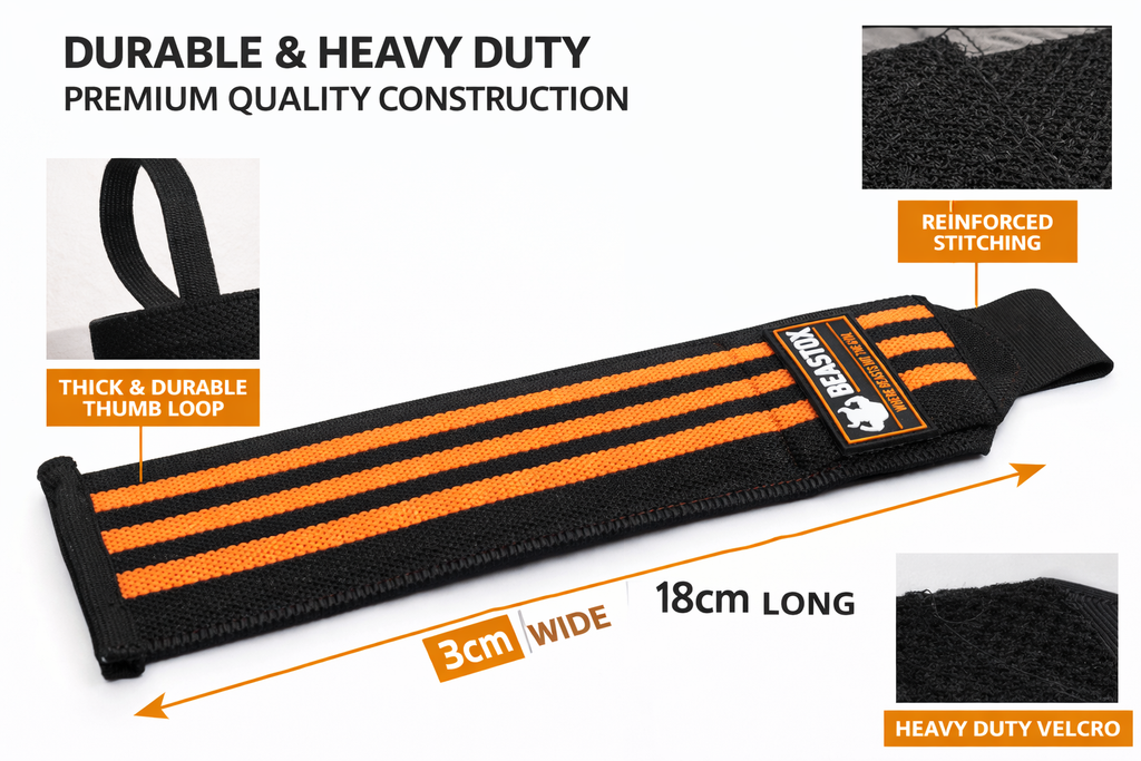 Beastox Wrist Wraps, Heavy Duty, Black and Orange Stripes, 18cm Long, 3cm Wide, Reinforced Stitching, Thumb Loop, Nylon