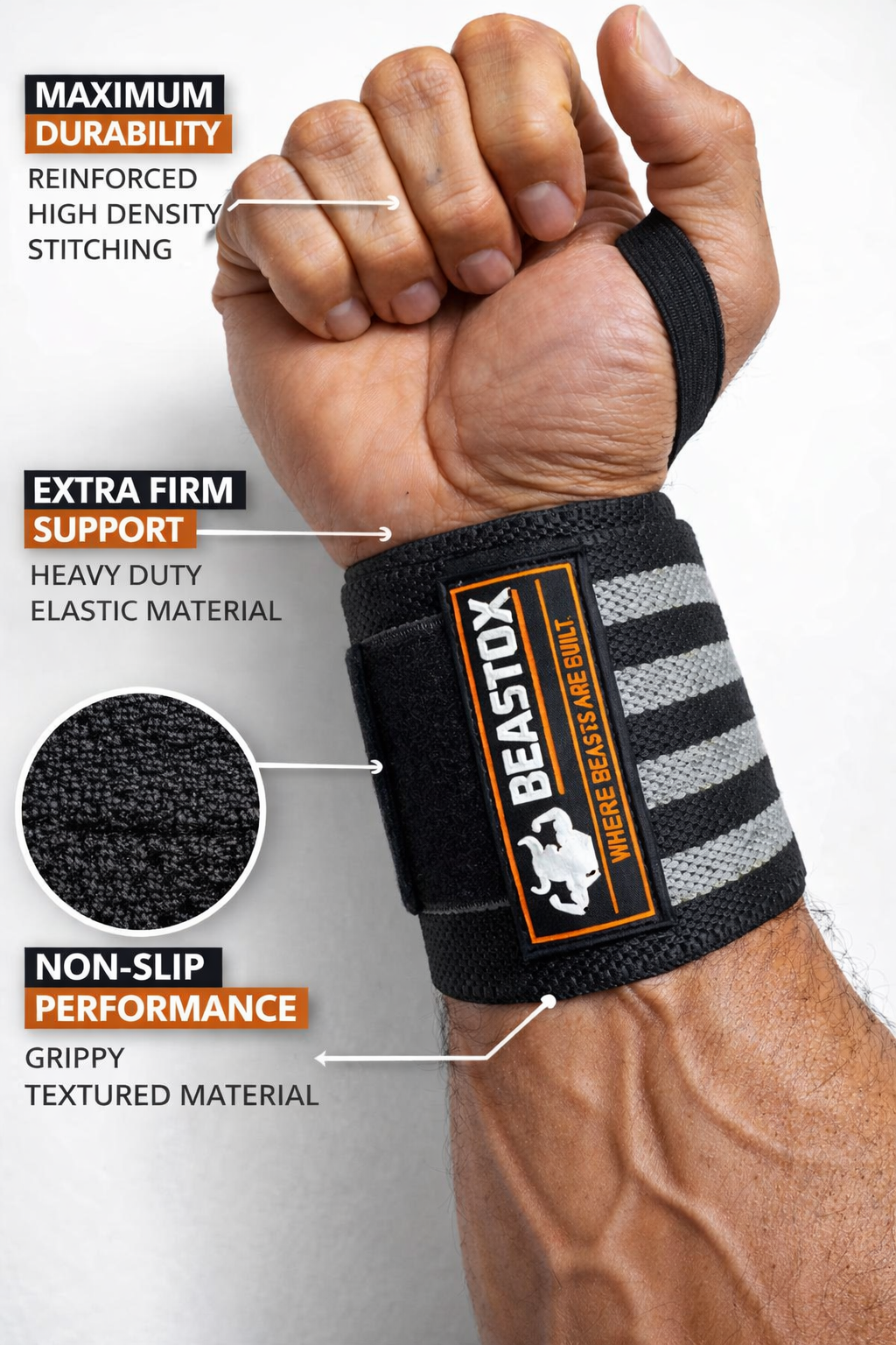 Beastox Wrist Wraps, Heavy Duty, Black and Orange Stripes, 18cm Long, 3cm Wide, Reinforced Stitching, Thumb Loop, Nylon