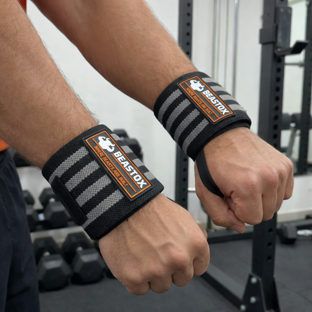 Beastox Wrist Wraps, Heavy Duty, Black and Orange Stripes, 18cm Long, 3cm Wide, Reinforced Stitching, Thumb Loop, Nylon
