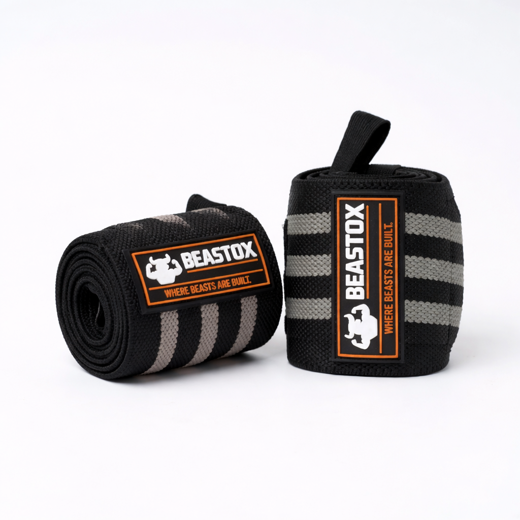 Beastox Wrist Wraps, Heavy Duty, Black and Orange Stripes, 18cm Long, 3cm Wide, Reinforced Stitching, Thumb Loop, Nylon