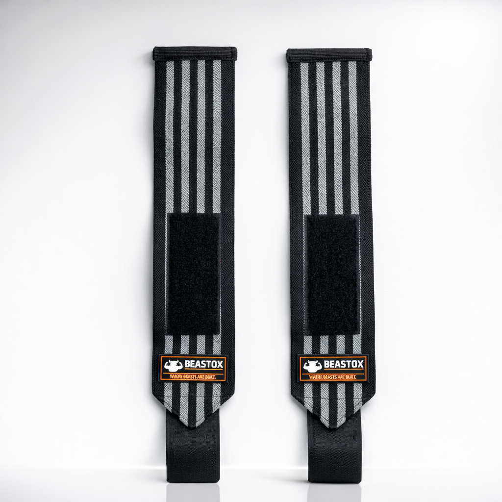 Beastox Wrist Wraps, Heavy Duty, Black and Orange Stripes, 18cm Long, 3cm Wide, Reinforced Stitching, Thumb Loop, Nylon