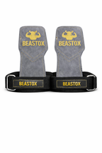 Front-facing view of BEASTOX Pro Weight Lifting Straps with grey suede grip and black wrist wrap, displayed on white background.