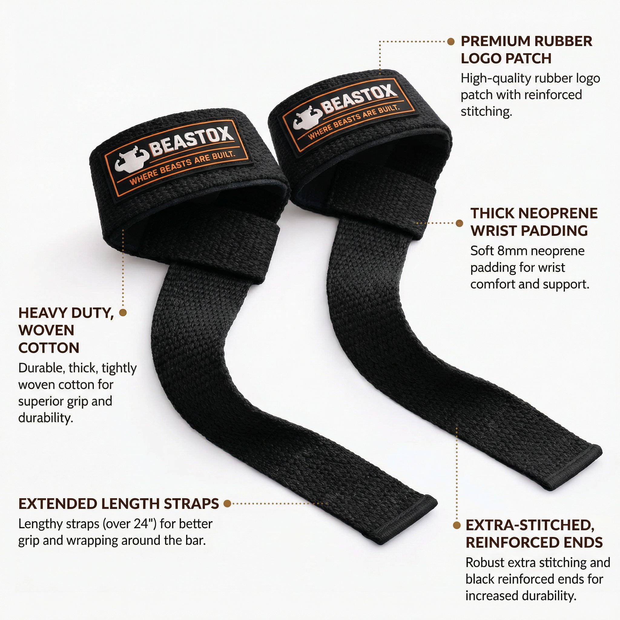 Beastox Lifting Straps, Heavy Duty Woven Cotton, Padded Wrist Support, for Deadlifts Rows Pull-Ups (Red)