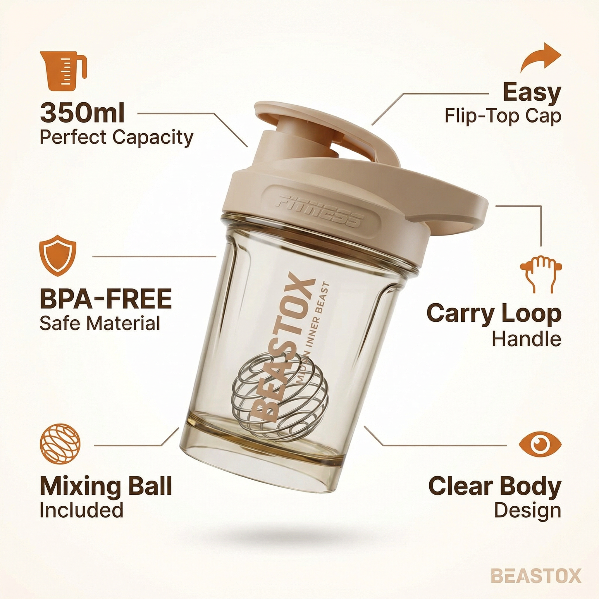 BEASTOX  Beige Fitness Shaker Bottle, 350ml