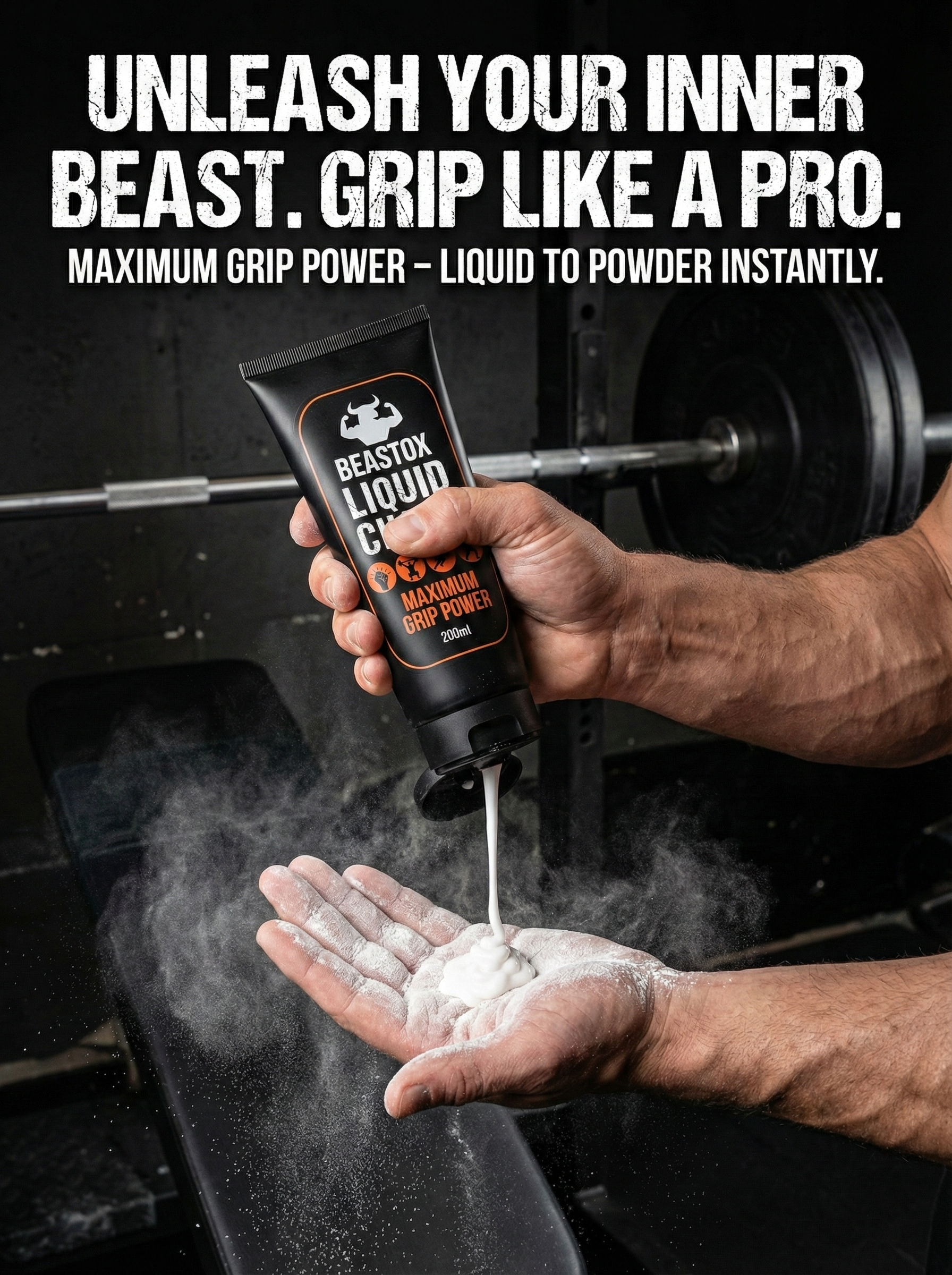 Man applying BEASTOX Performance Liquid Chalk - 200ml Tube in gym setting, demonstrating liquid-to-powder transformation for enhanced grip strength.