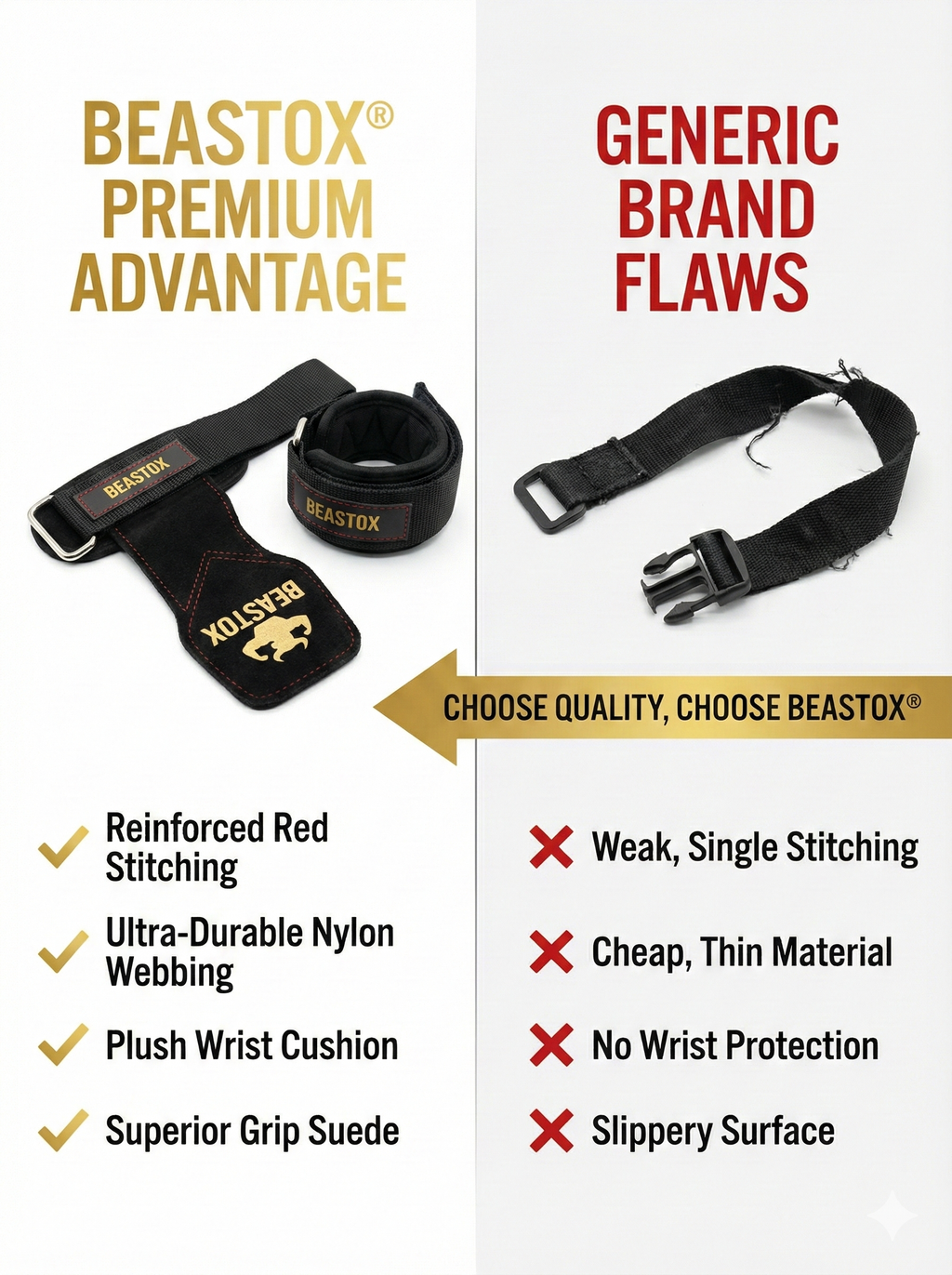 Comparison chart showing BEASTOX Pro Weight Lifting Straps advantages over generic brands, emphasizing grip and comfort.