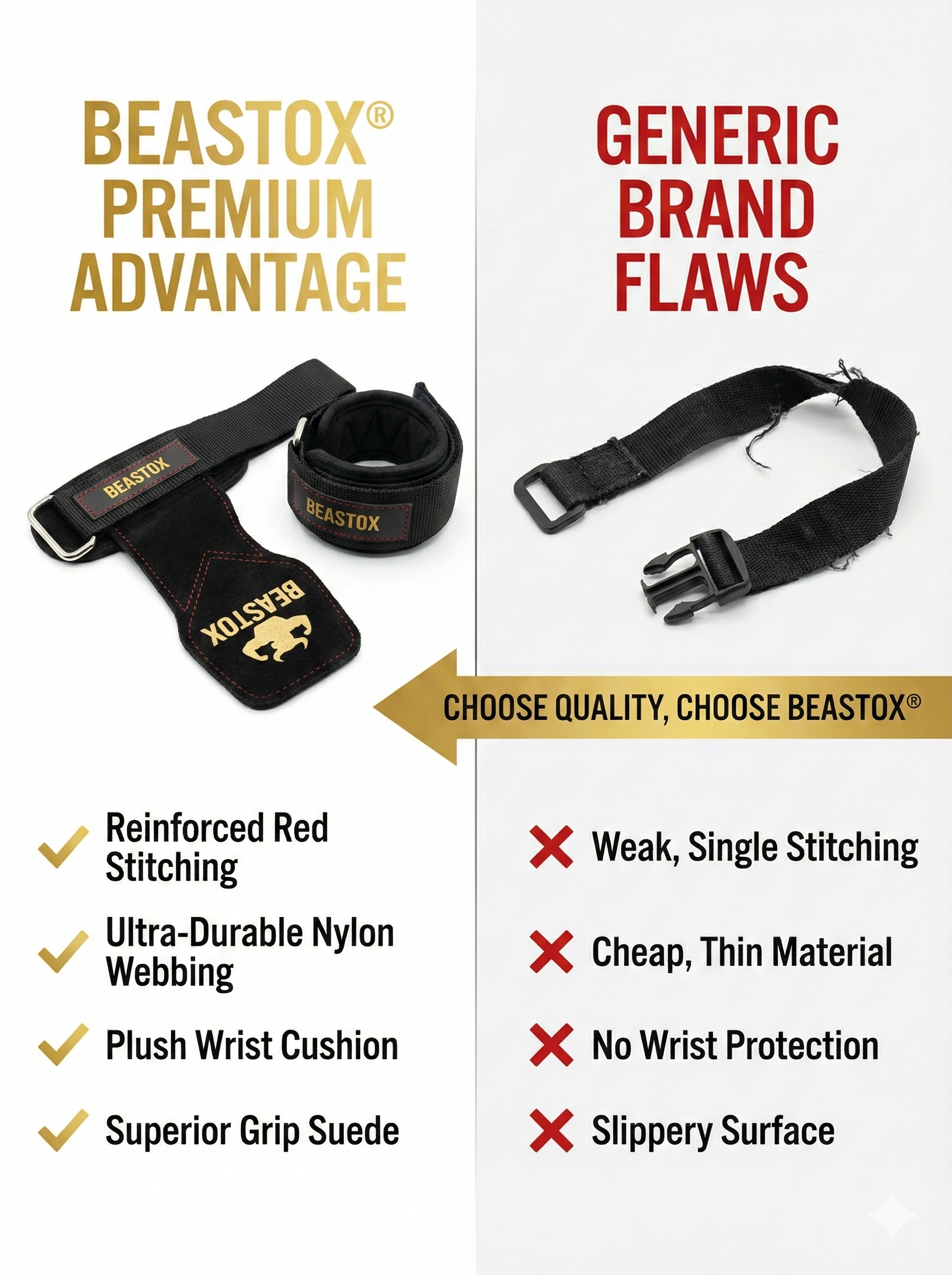 Comparison chart showing BEASTOX Pro Weight Lifting Straps advantages over generic brands, emphasizing grip and comfort.