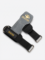 Top view of BEASTOX Pro Weight Lifting Straps with grey suede grip and black nylon strap, laid flat on white background.