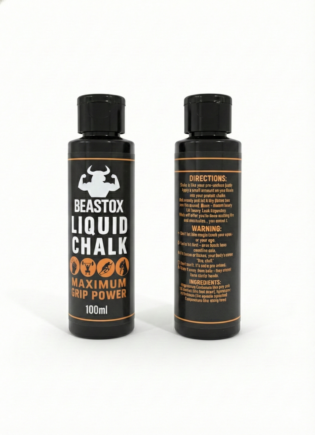 Front and back view of BEASTOX Liquid Chalk 100ml bottle showing product label, usage directions, and ingredients for fitness use.