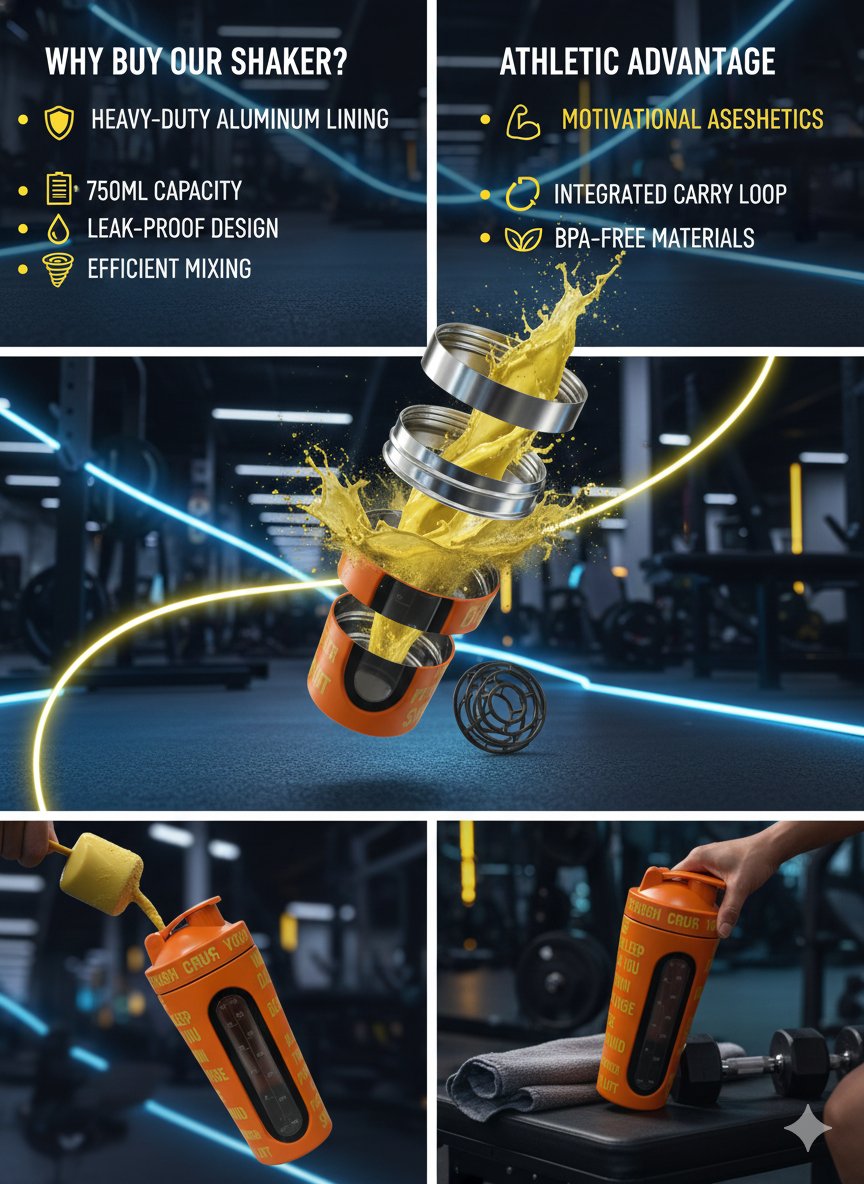 BEASTOX Performance Shaker product infographic showing features like leak-proof lid, 750ml capacity, and BPA-free materials in gym setting.