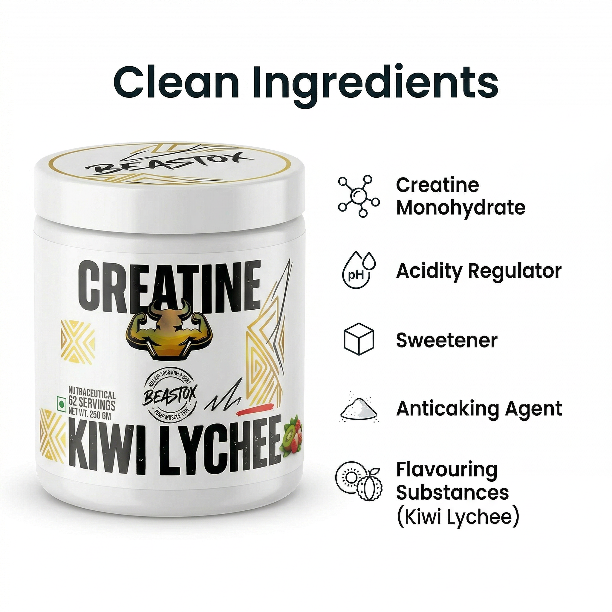 Beastox Creatine Monohydrate Powder, 3000mg, 62 Servings, 250g, Zero Sugar, Zero Fat