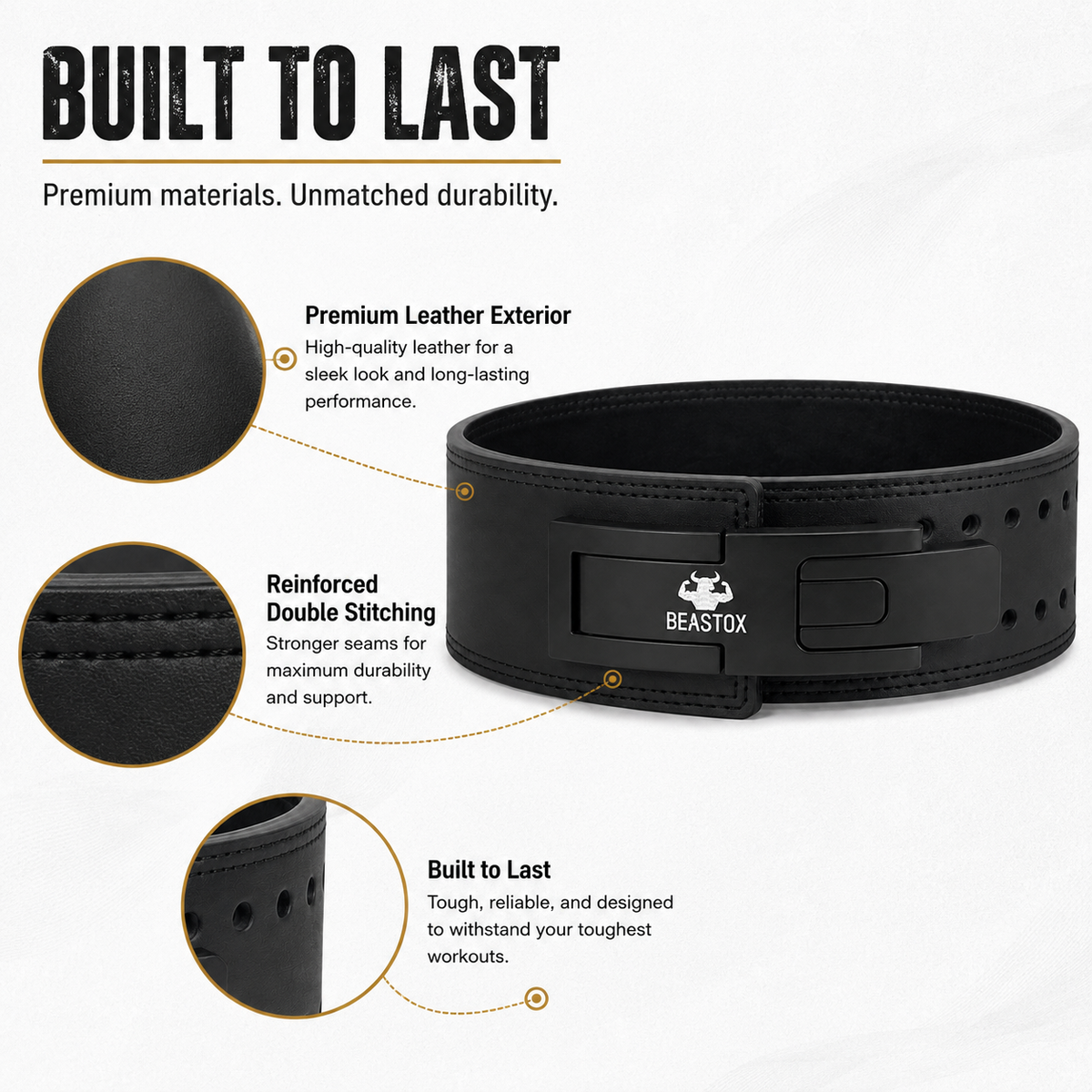 Quality: BEASTOX 10 mm lifting belt leather exterior, reinforced double stitching and lever buckle construction